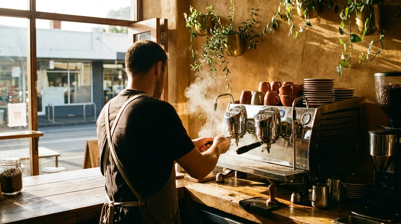 A barista pulling espresso in a warm Fitzroy specialty cafe at morning