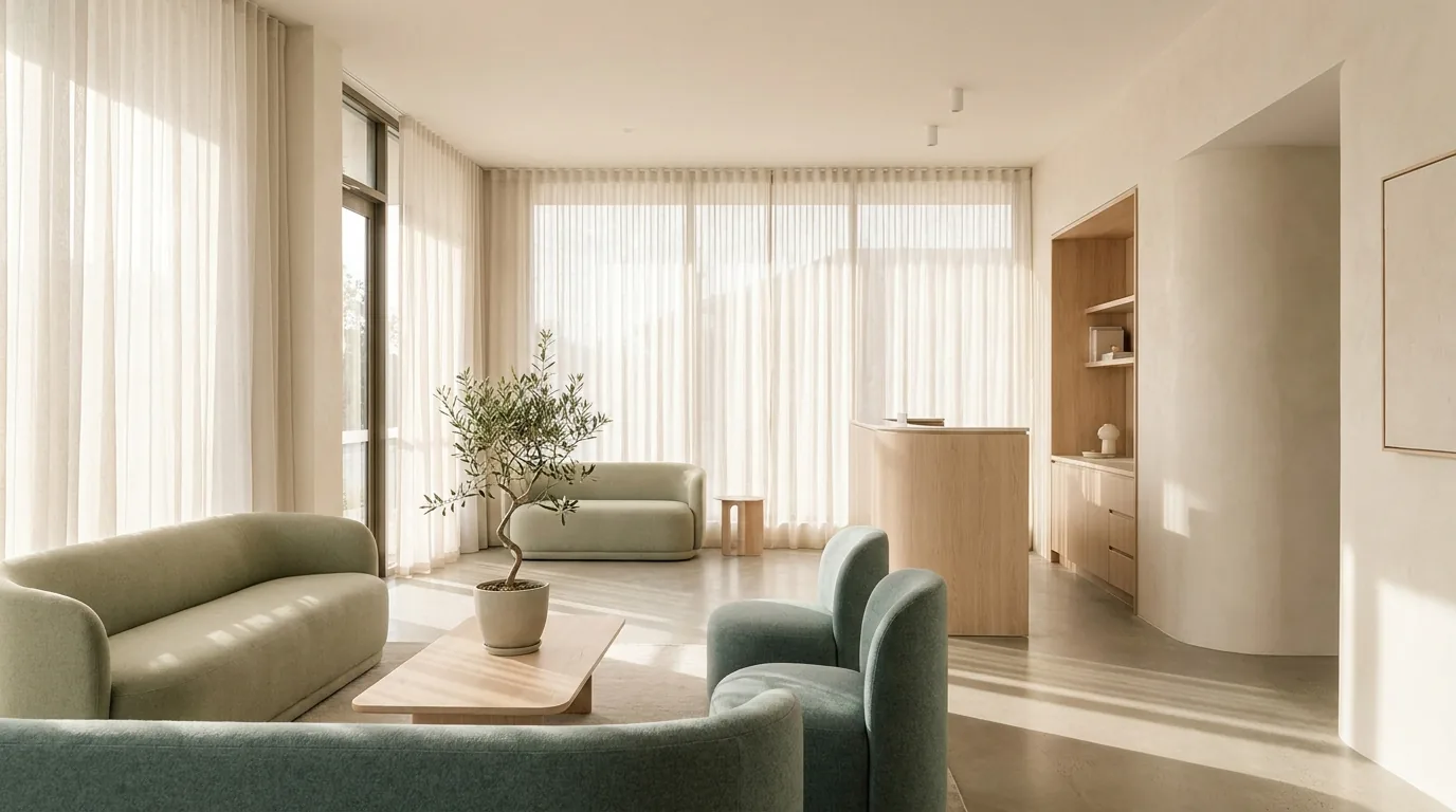 A serene, light-filled modern dental clinic interior with pale oak and plants