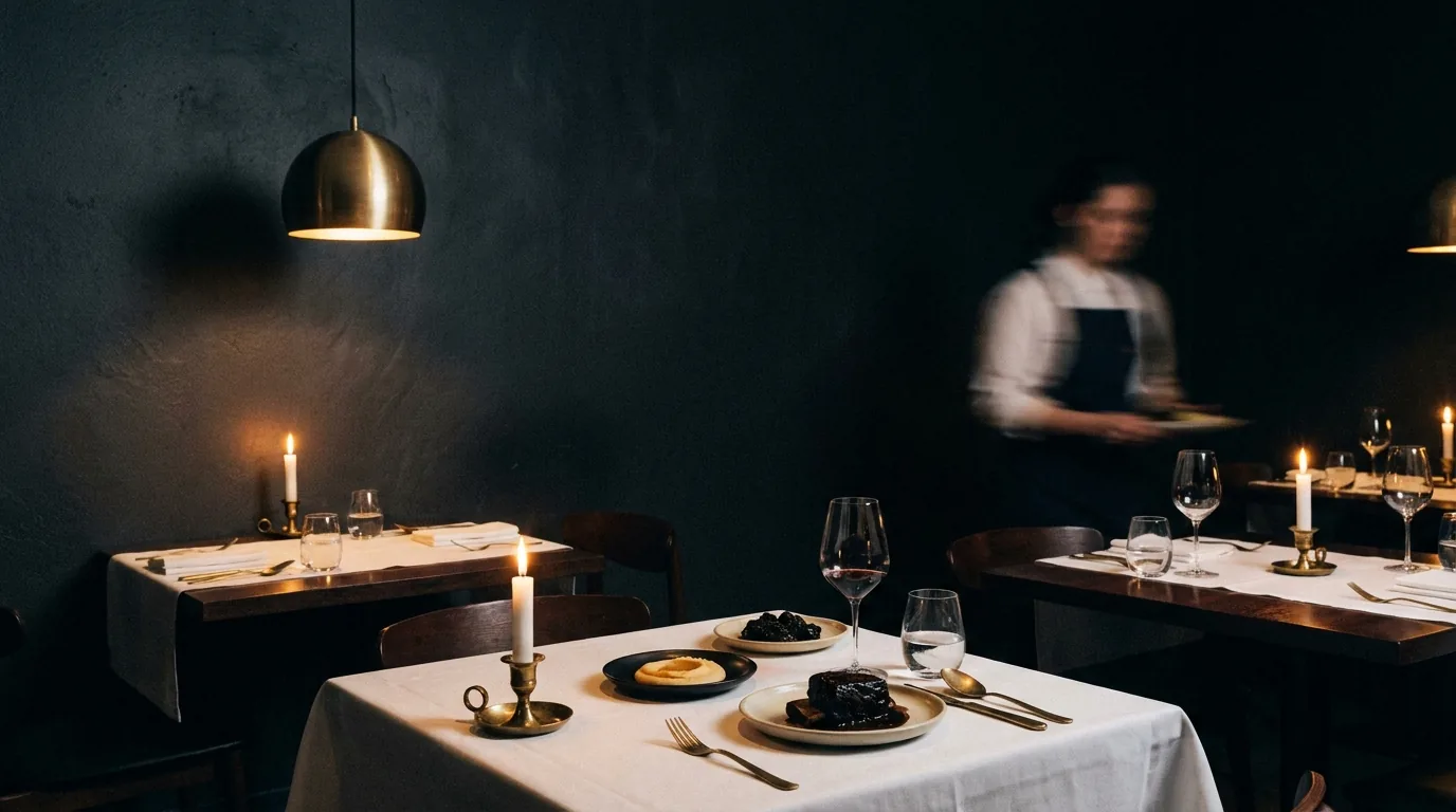 The Vico dining room at night, candlelit tables set with white linen and brass