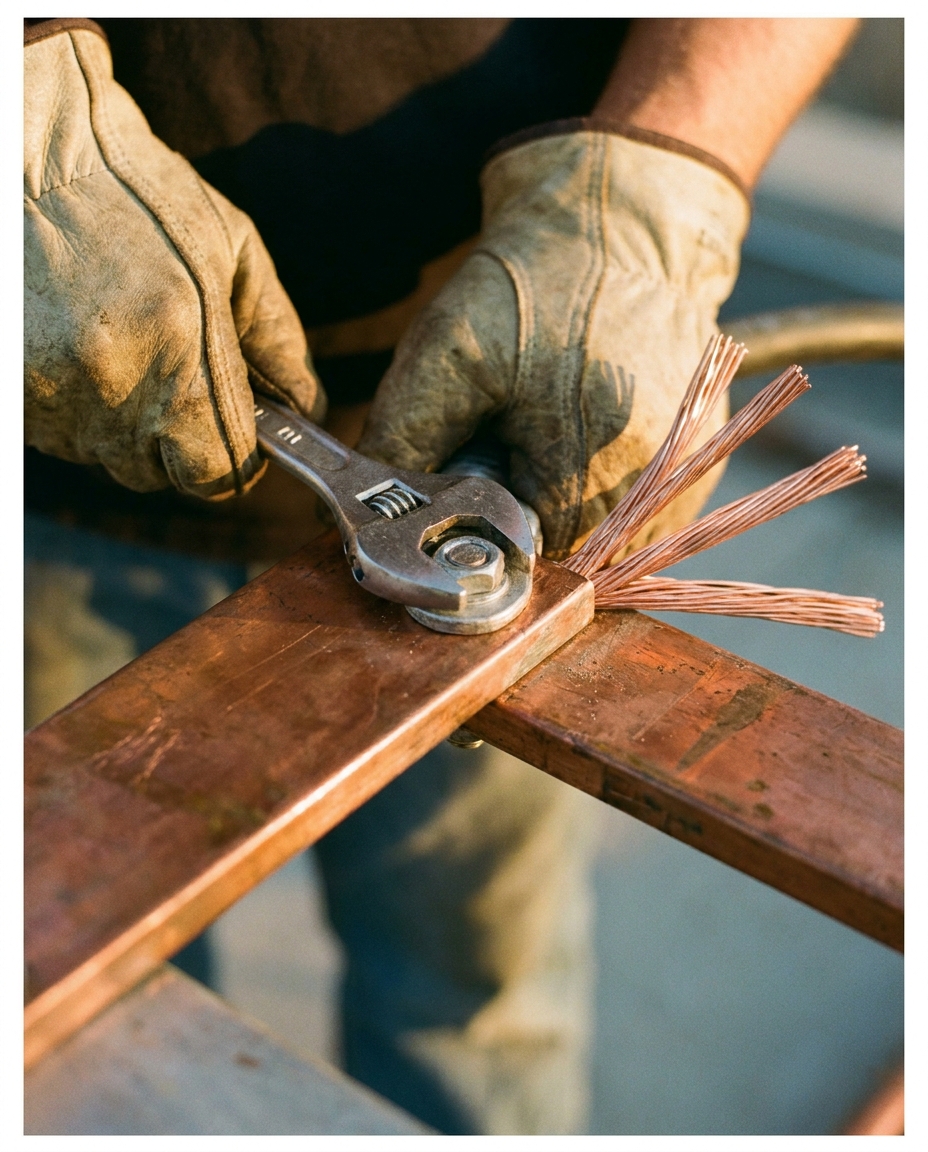 Gloved electrician's hands torquing a cable lug onto a copper busbar.