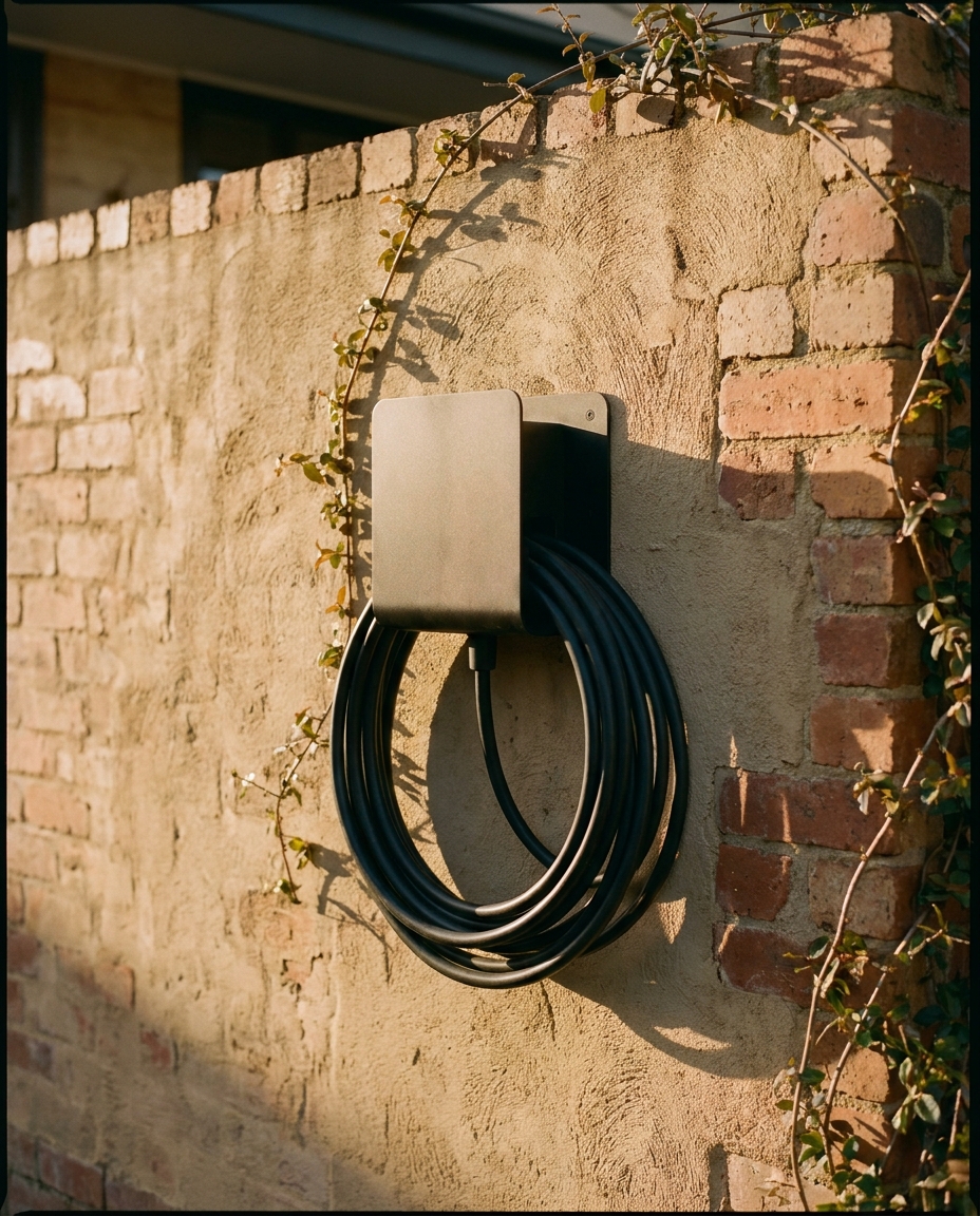 A wall-mounted home EV charger newly installed on a rendered brick wall.