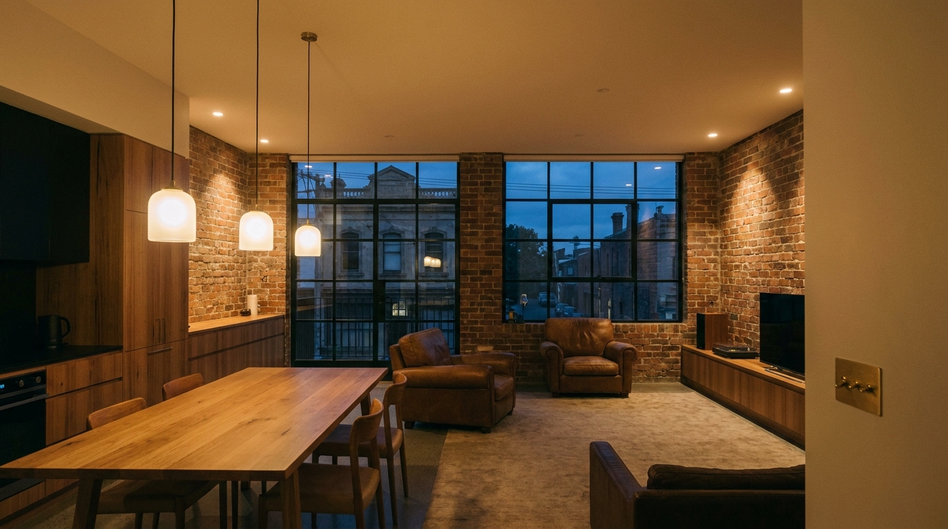 Warm pendant and downlight lighting across an open-plan Fitzroy renovation at dusk.