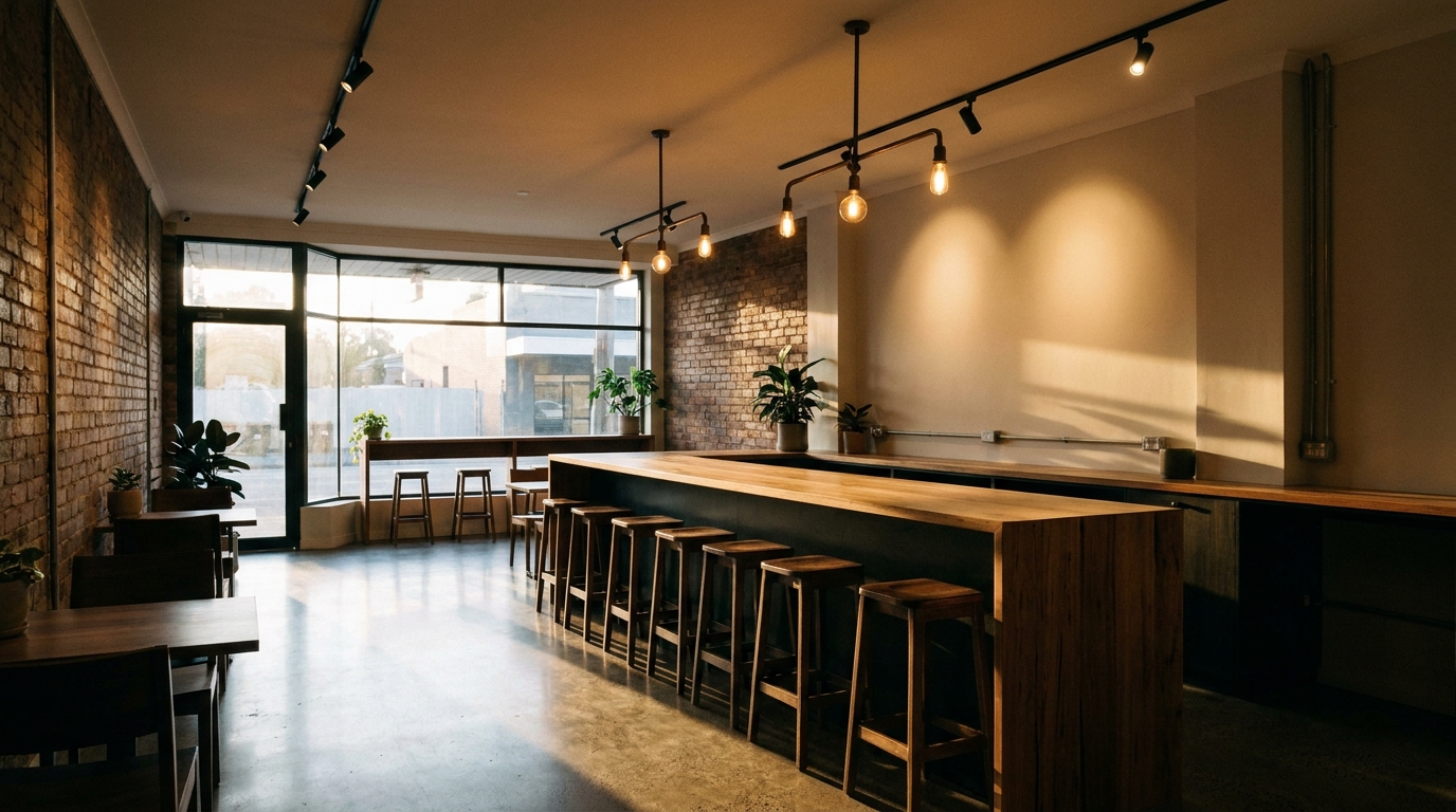 A finished commercial café fit-out in Brunswick with warm track lighting at golden hour.