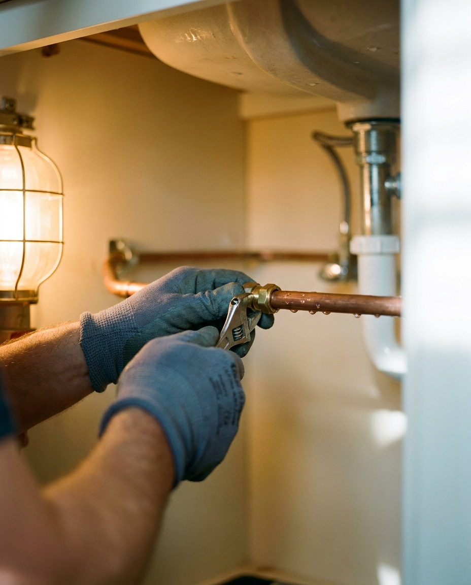 Gloved hands tightening a polished brass compression fitting onto a copper hot-water line under a sink