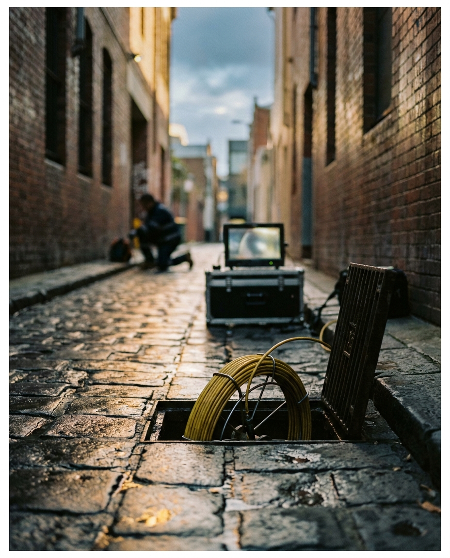 A coiled CCTV drain-camera cable feeding into an open inspection point on bluestone laneway paving