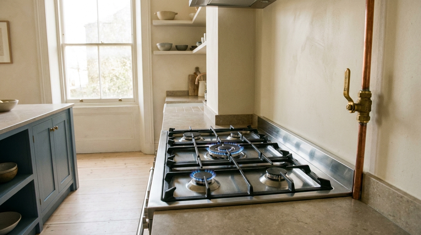 A new stainless gas cooktop being commissioned with a low blue flame, copper gas line and isolation valve at the wall