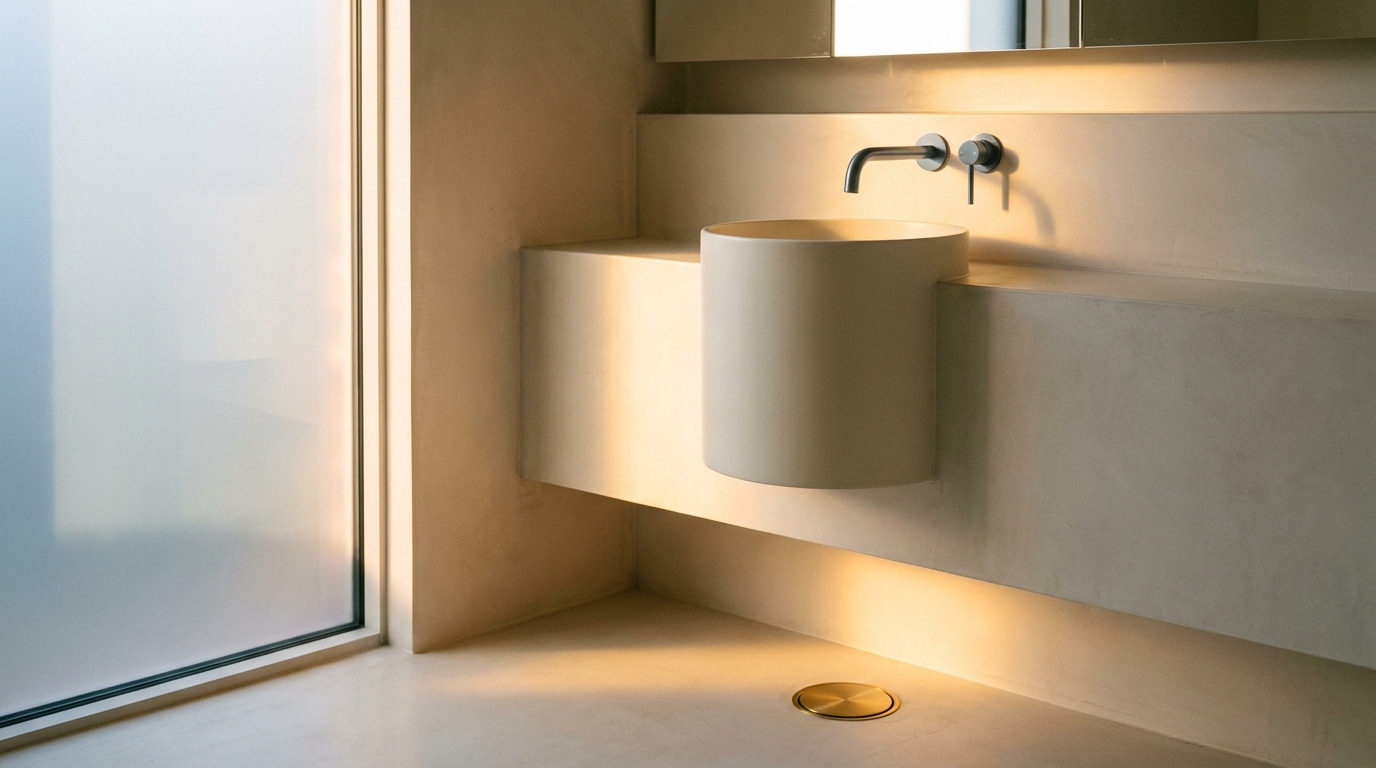 A finished inner-east Melbourne ensuite at golden hour with a wall-hung basin and slate-blue tapware