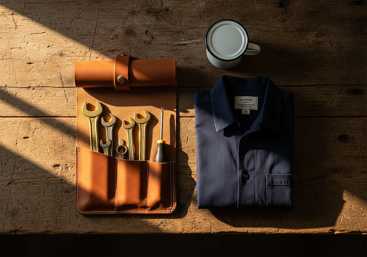 Editorial workbench wide — disciplined geometry of a tradesperson's day, warm directional light
