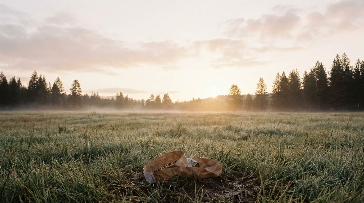 Dawn meadow with drifting fog and distant pines — atmospheric editorial