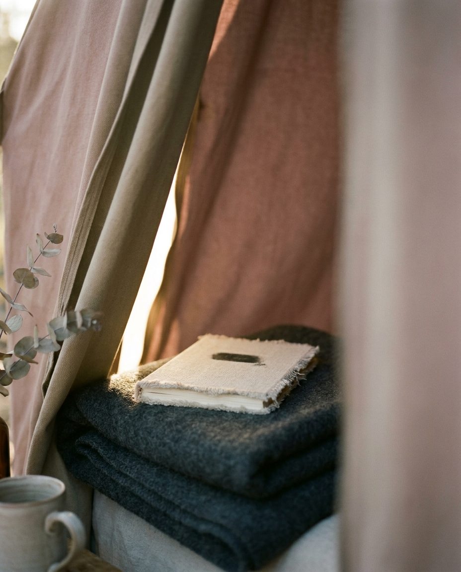 Tent interior detail — linen-bound diary on wool blanket