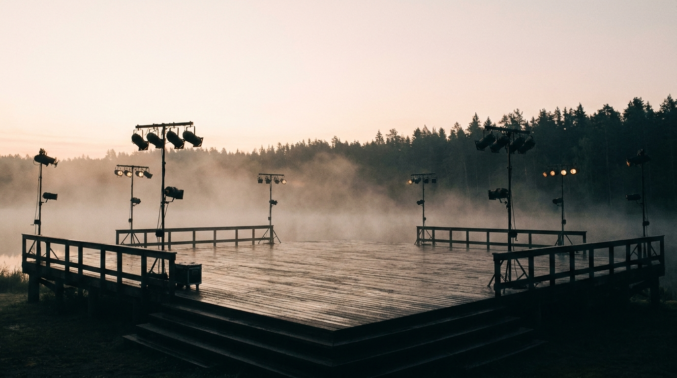 Empty festival stage at golden dawn — lighting rigs in silhouette