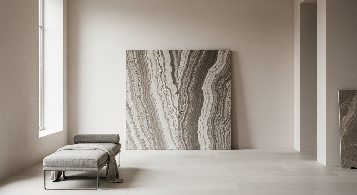 Wide showroom interior at golden hour — long warm travertine plinth, raking light, polished concrete floor
