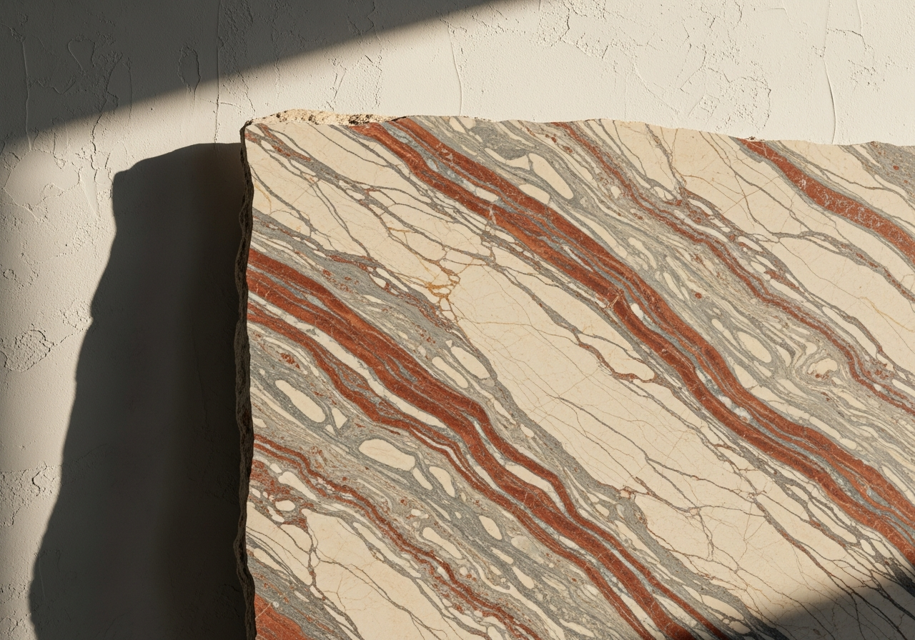 Book-matched slab against warm plaster wall, morning light raking across veining