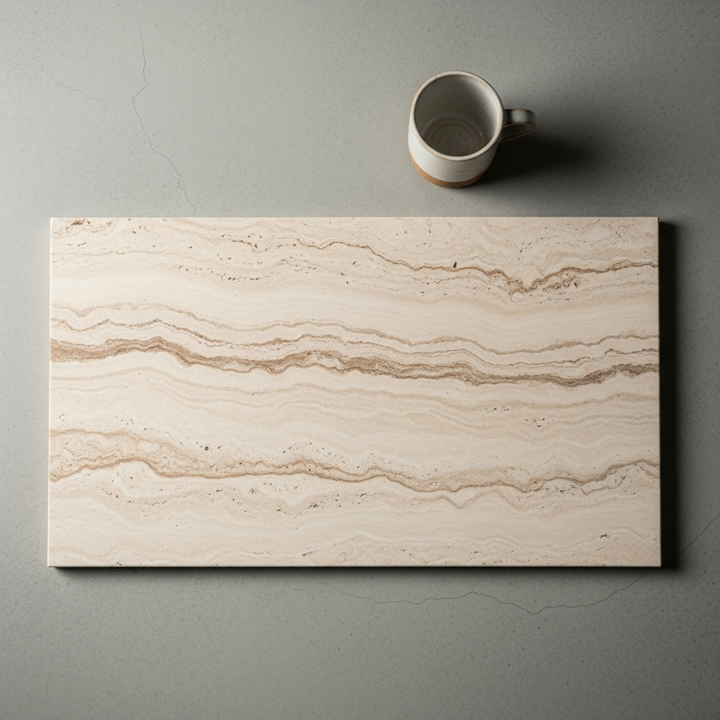 Zellige tile flat-lay — disciplined arrangement on warm bone surface