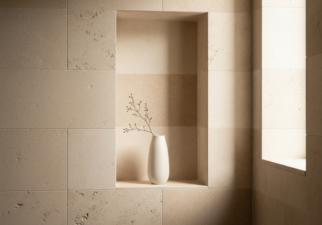 Travertine niche detail — soft directional light, warm shadow