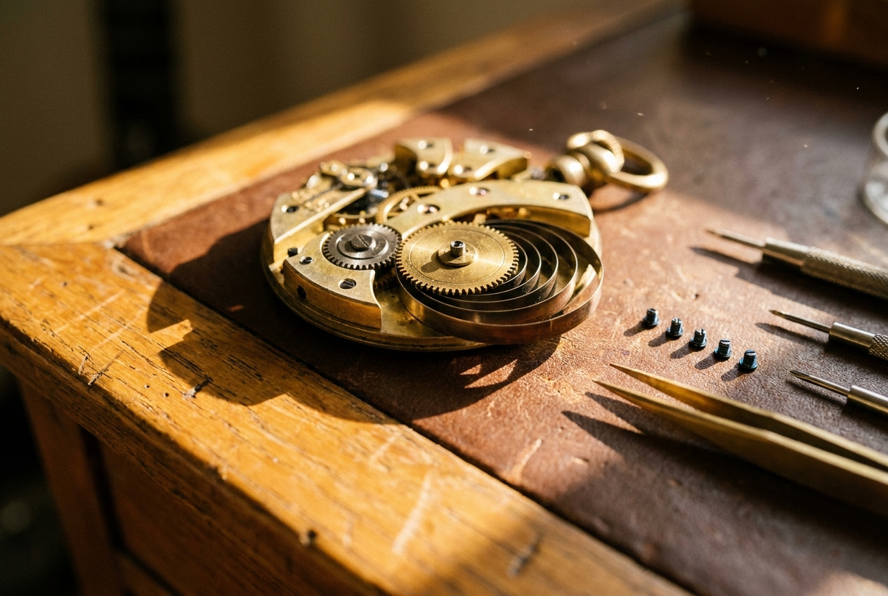 The exposed internals of a fine mechanical movement on leather — brass gears and exact steel tools in warm side light