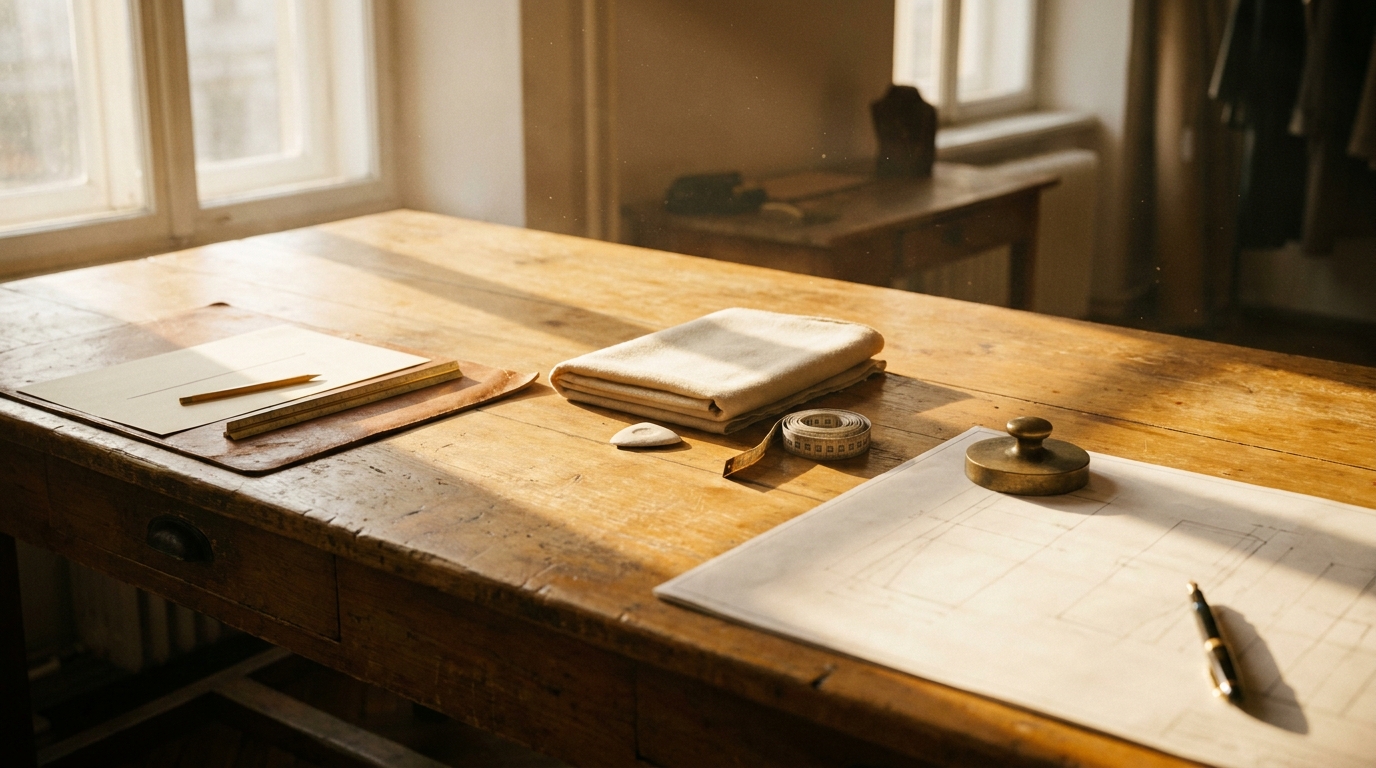 A long atelier workbench in warm light with three distinct works in progress laid along it